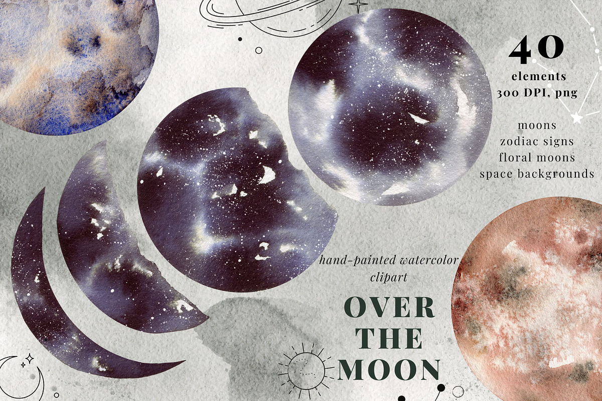 Over the moon watercolor clipart, an Object Illustration by Artcard Watercolor (Photo 1 of 11)