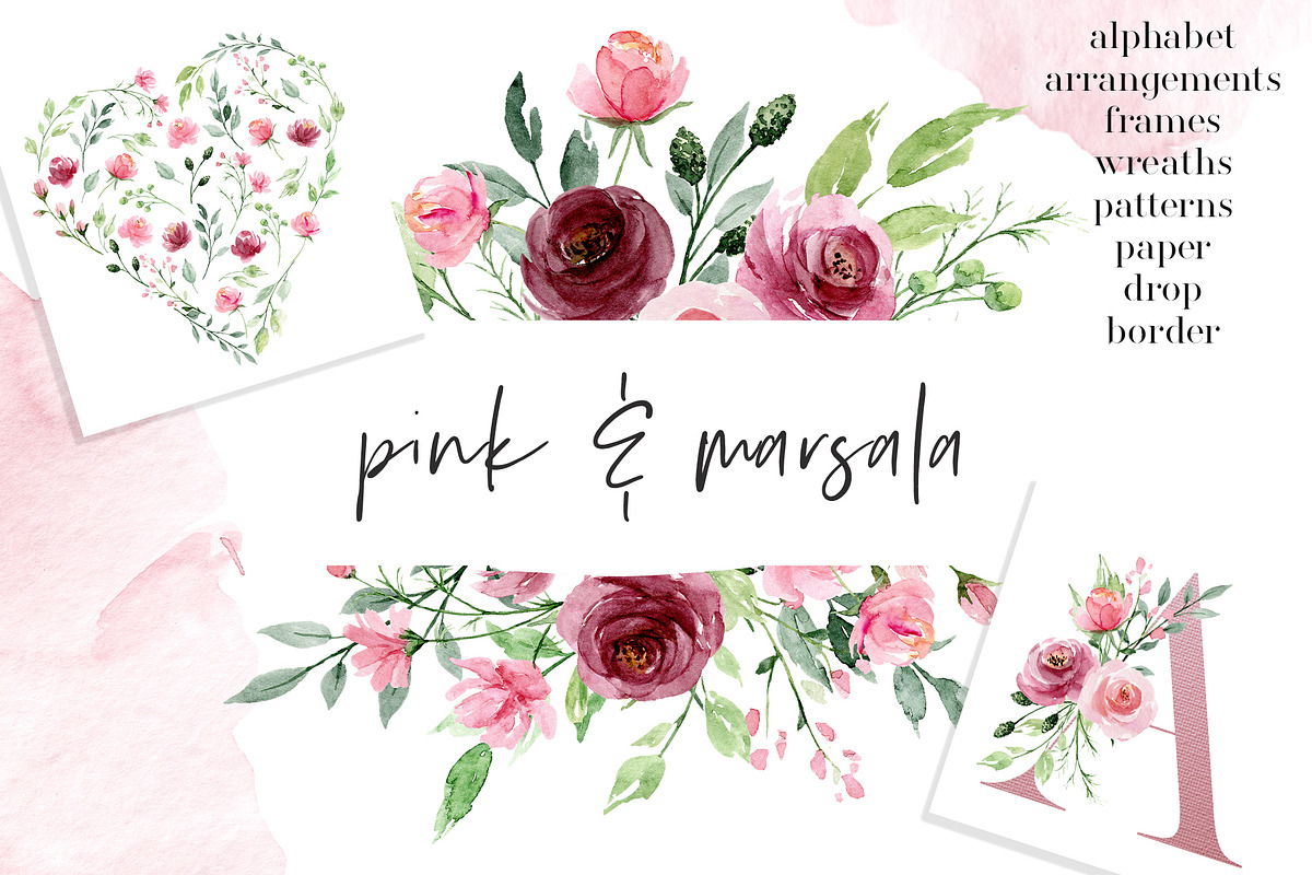 Watercolor flowers Pink & Marsala, an Illustration by Larisa Maslova (Photo 1 of 14)
