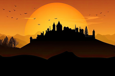 Orange halloween landscape with a haunted castle in the backgrou, a Holiday Photo by José Manuel Gelpi