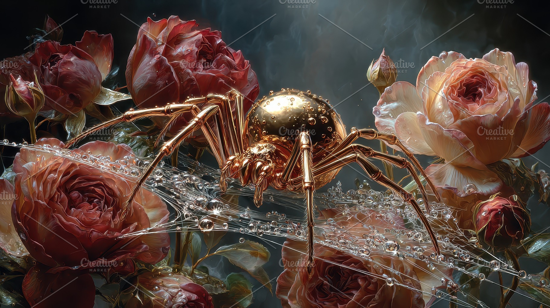 Golden Spider in Rose Garden Dewdrop, an Abstract Photo by Pixeness Studio