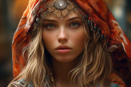 A portrait of a young bohemian woman with long, wavy hair, adorned with a color, a Beauty & Fashion Photo by Textures & Backgrounds