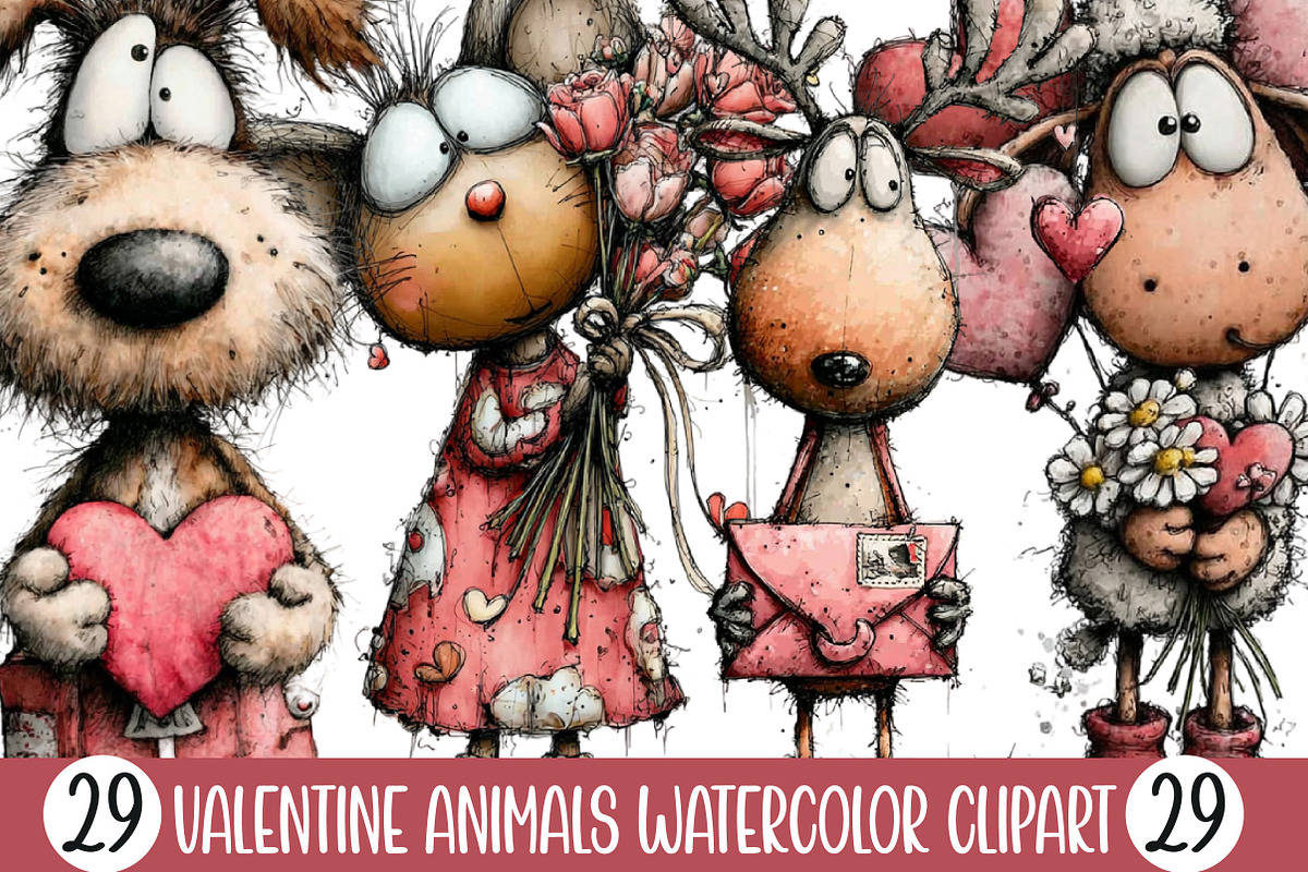 Valentine Animals Watercolor Clipart, an Illustration by Designking (Photo 1 of 5)