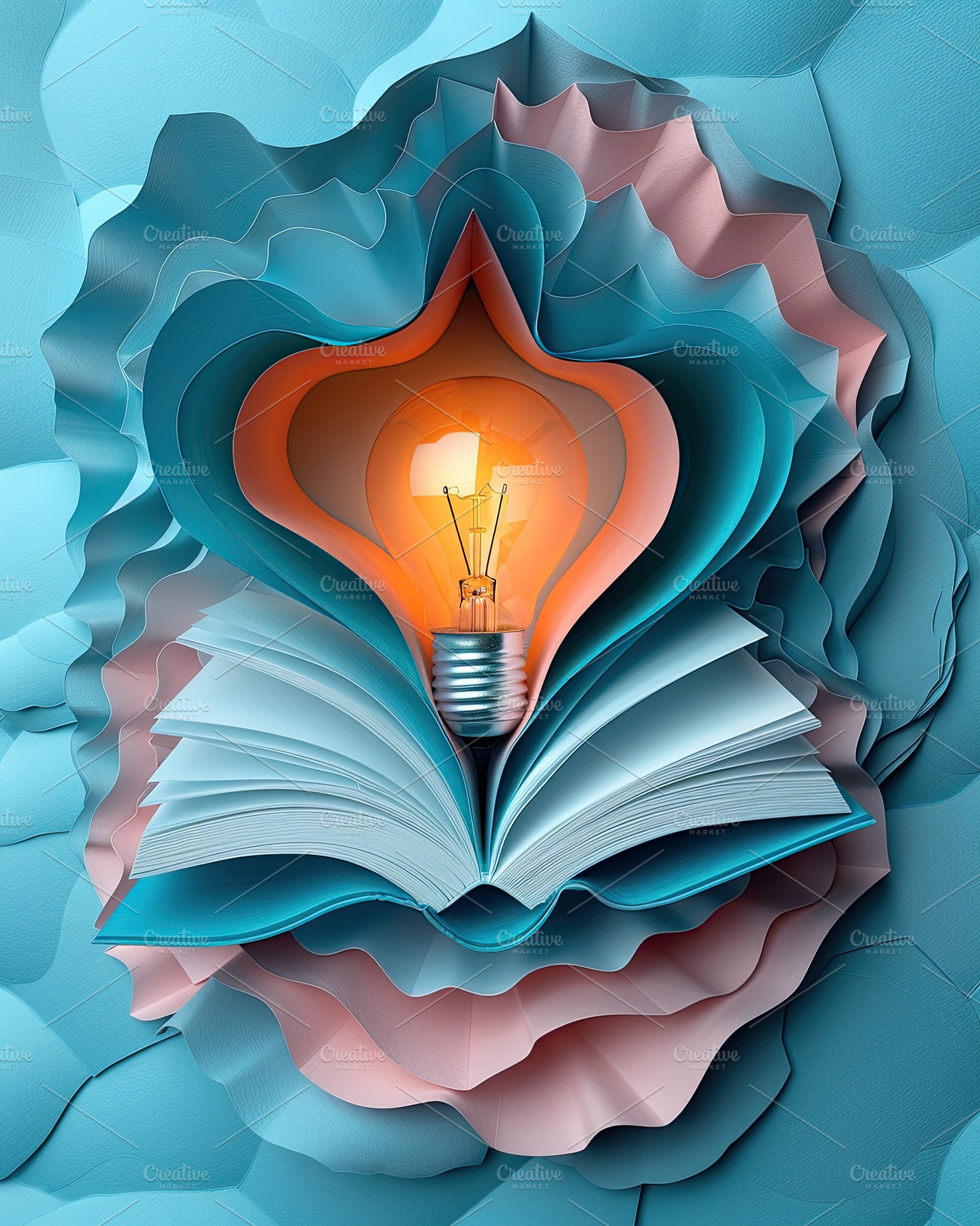 Open book with glowing orange light bulb and layered paper cutou, a Background Photo by José Manuel Gelpi