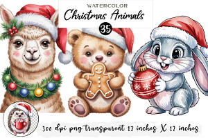 Christmas Animals PNG Bundle, an Illustration by Watercolor design