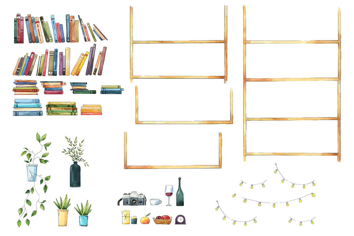 watercolor bookshelf with books set, a Decorative Illustration by Kamenuka (Photo 2 of 4)