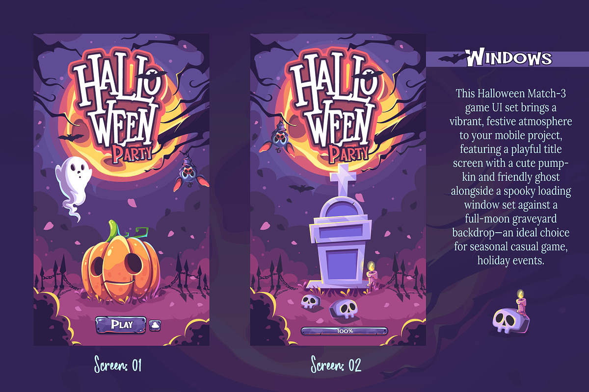 Halloween Match-3 Game UI Kit, an UI Kit Template by Nearbirds (Photo 2 of 7)