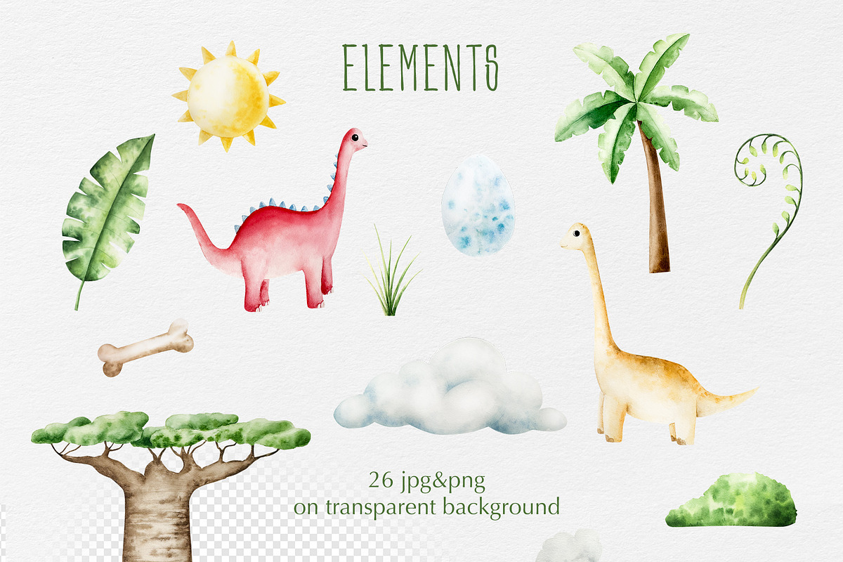 Cute dinosaurs|watercolor collection, an Animal Illustration by Navenzeles (Photo 2 of 12)