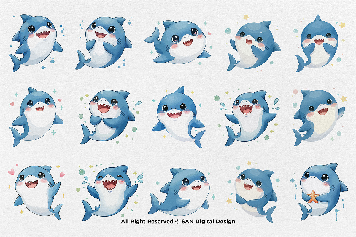 15 Bundle Watercolor Cute Shark Sea, an Animal Illustration by Morspective (Photo 8 of 8)