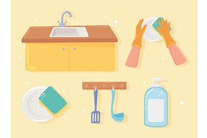 icon set of washing kitchen, an Object Illustration by studiogstock