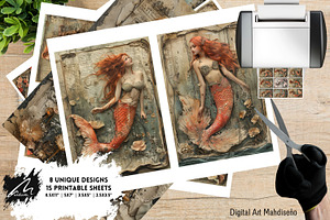 Red Mermaid, Grunge Collage Pages