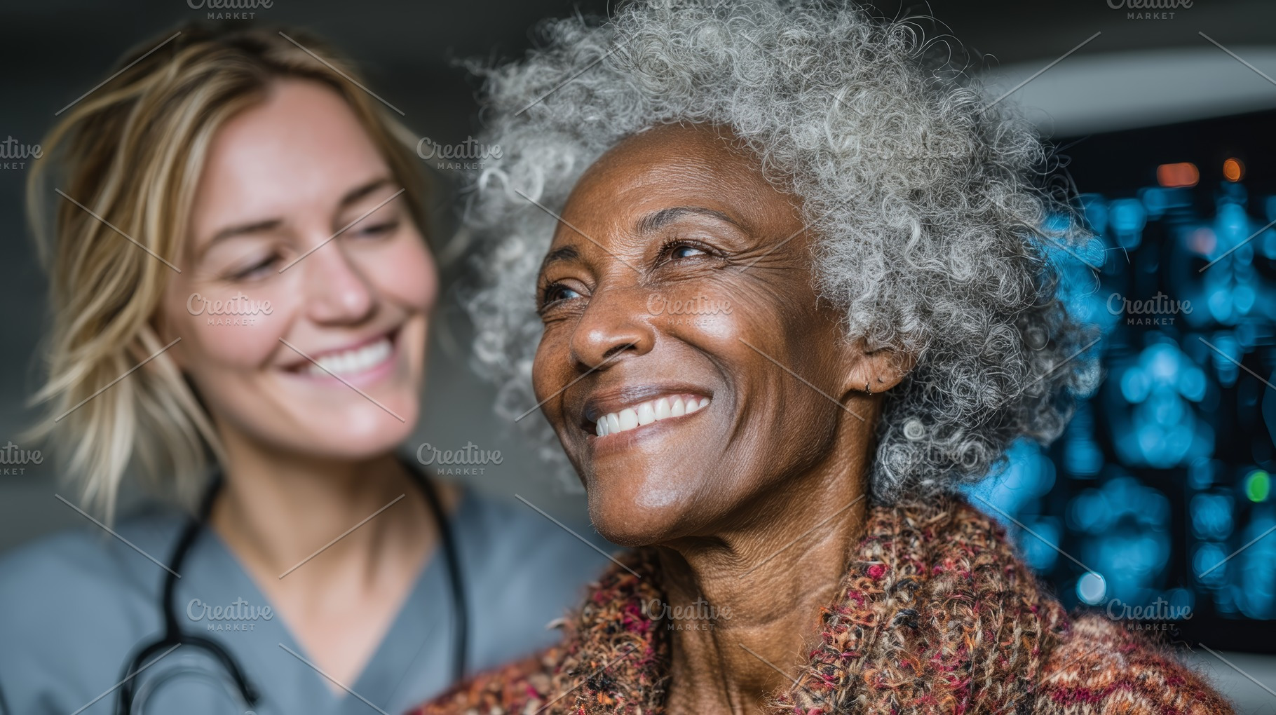 Smiling doctor assisting senior black patient in medical healthcare setting, a Health & Medical Photo by AS photostudio