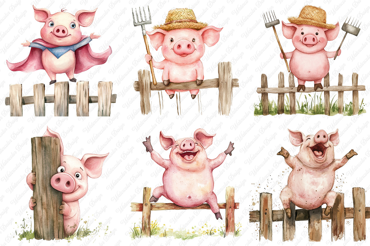 Funny Pig on Fence Clipart, an Illustration by Watercolor design (Photo 3 of 12)