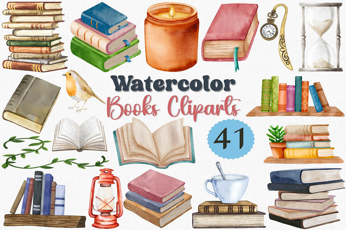 Watercolor Books Clipart Set, 41 PNG, an Illustration by CropUp Creative (Photo 1 of 4)