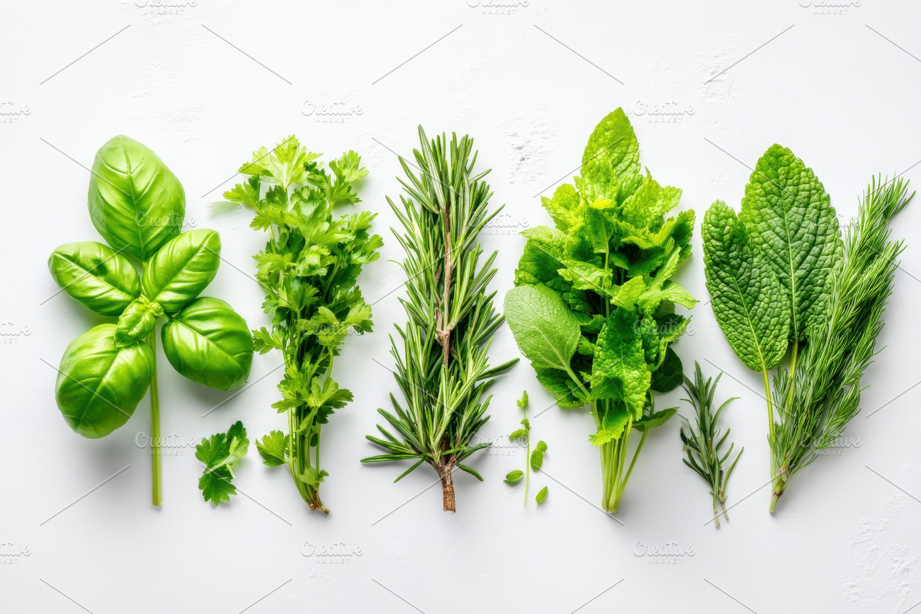 Fresh mixed culinary herbs on white background, a Food & Drink Photo by AlyaAnd