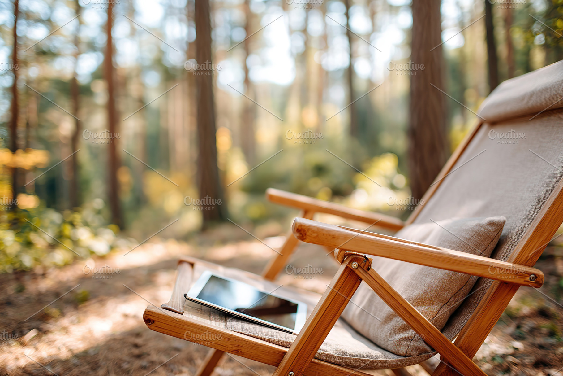 Relaxing chair in a misty forest with a tablet resting nearby on a sunny day, a Photo by AlyaAnd