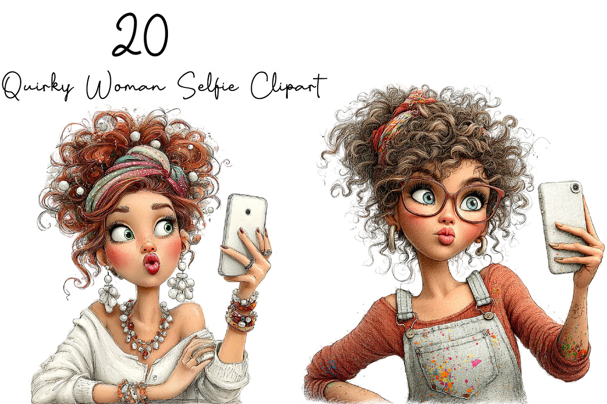 Quirky Woman Selfie Clipart PNG, a Seasonal Illustration by DreamArtGraphic (Photo 1 of 5)