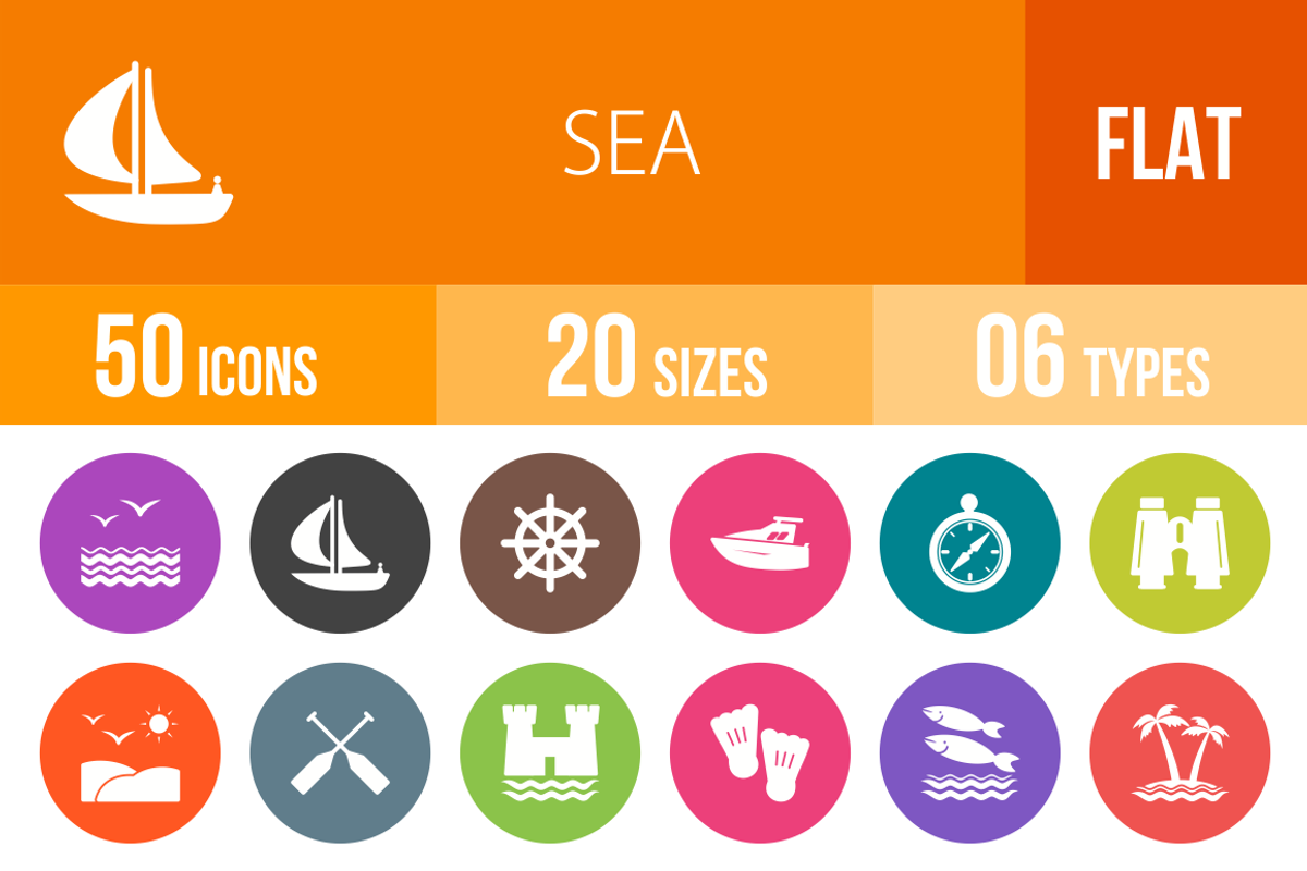 50 Sea Flat Round Icons, an Icon by IconBunny