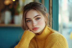 In a cozy yellow sweater, a Photo by Pavel_design