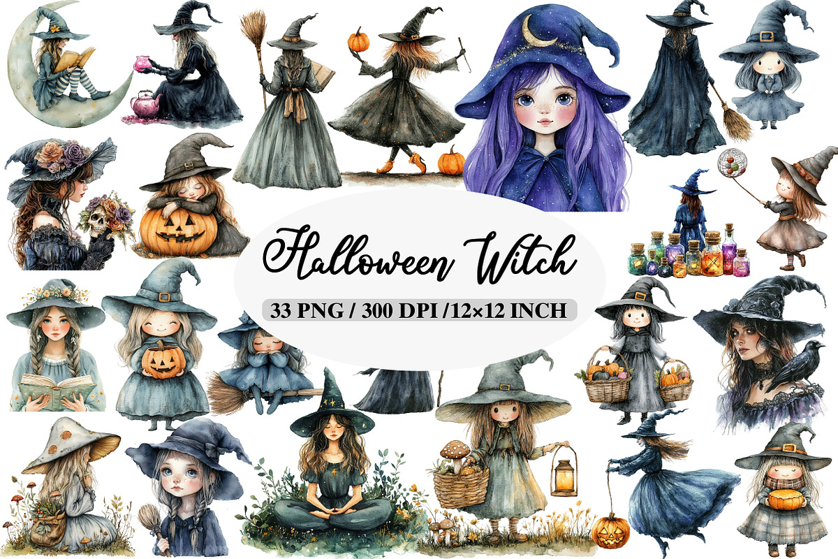 Watercolor Halloween Witch Clipart, an Illustration by Daily.Designs (Photo 1 of 5)
