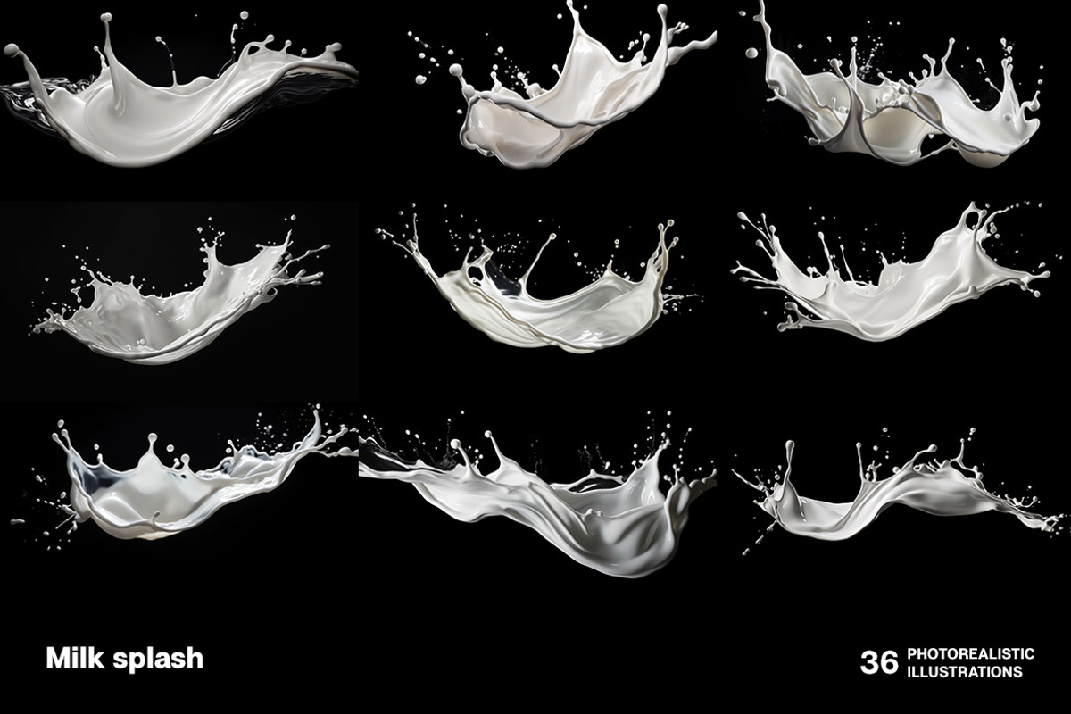 36 Milk Splashes on black background, an Object Illustration by Handmadefont (Photo 8 of 10)