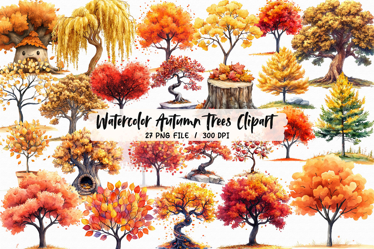 Watercolor Autumn Trees Clipart, an Illustration by Libby Wishes (Photo 1 of 6)
