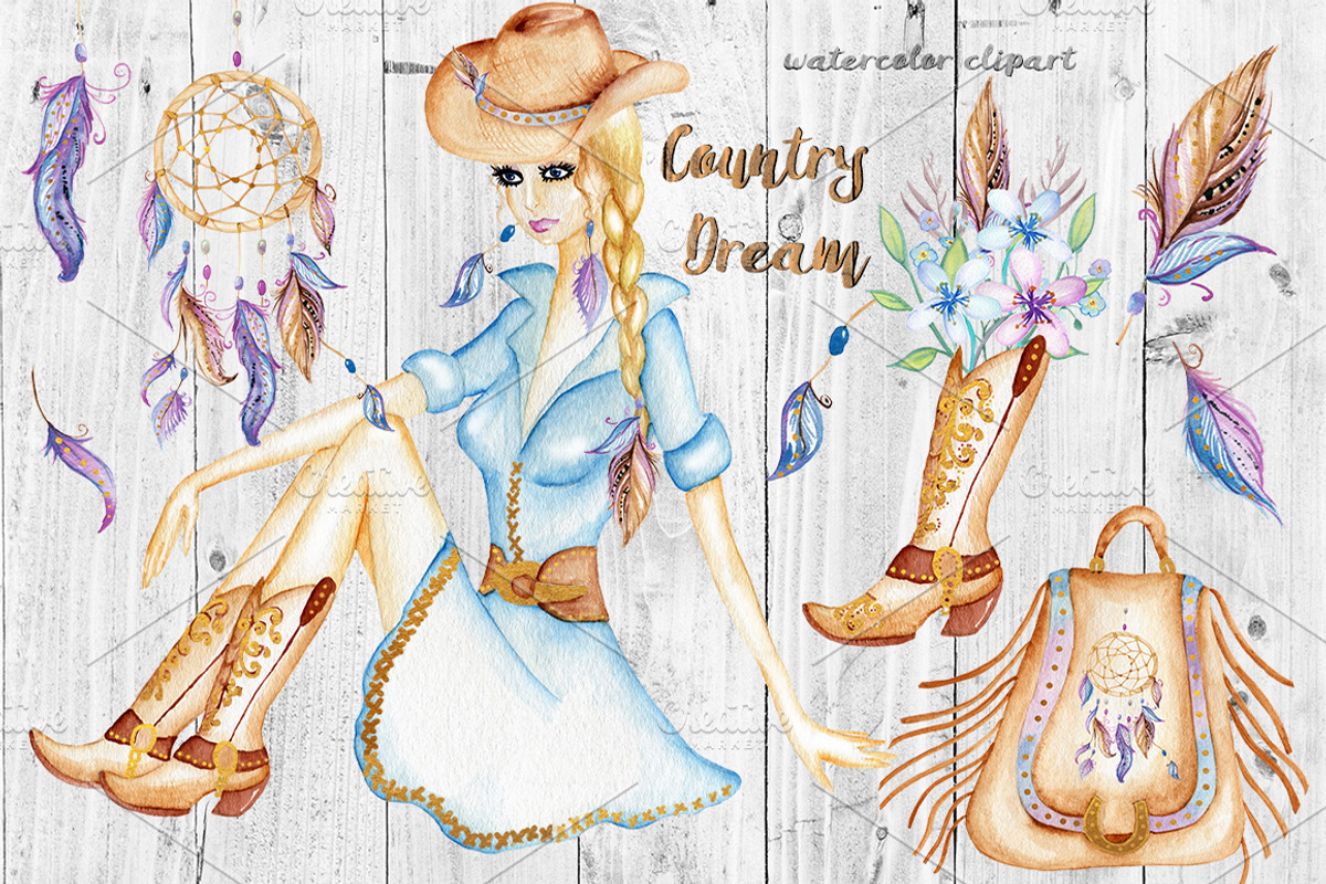 Watercolor Western Clipart. Cowgirl., a Decorative Illustration by WoodLFoxy, image size:1200x800