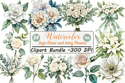 Sage Green and Ivory Flowers Clipart, an Illustration by DreamCafeArt (Thumbnail 1 of 8)