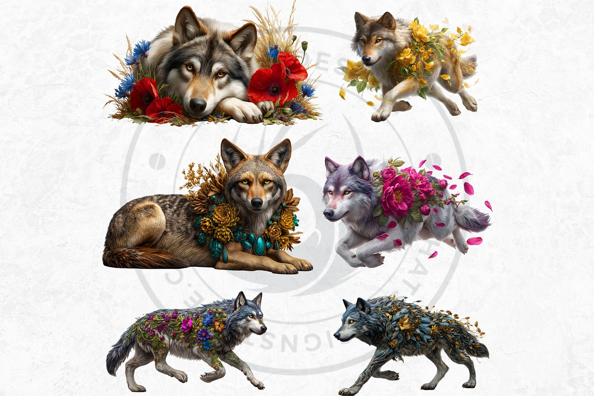 Floral Wolves Fantasy Cliparts, an Animal Illustration by ThatsDesignArt (Photo 11 of 17)
