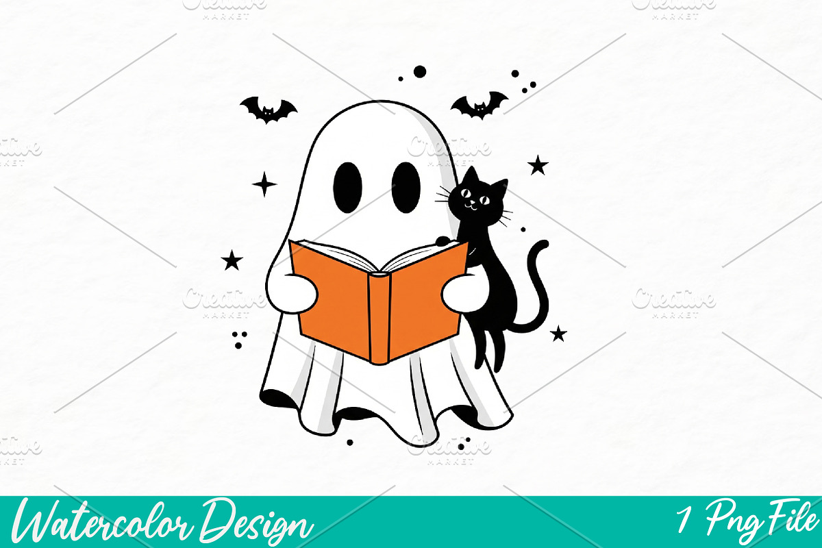 Cute Ghost Reading Book PNG, an Illustration by Watercolor design (Photo 1 of 3)