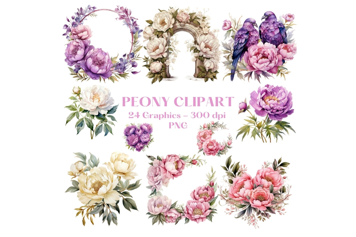 Watercolor Peony Clip Art, a Decorative Illustration by HoneyBunnyDigital (Photo 2 of 14)