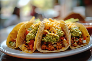 Vegetarian tacos with guacamole, cheese and tomatoes on a plate, a Food & Drink Photo by AlyaAnd