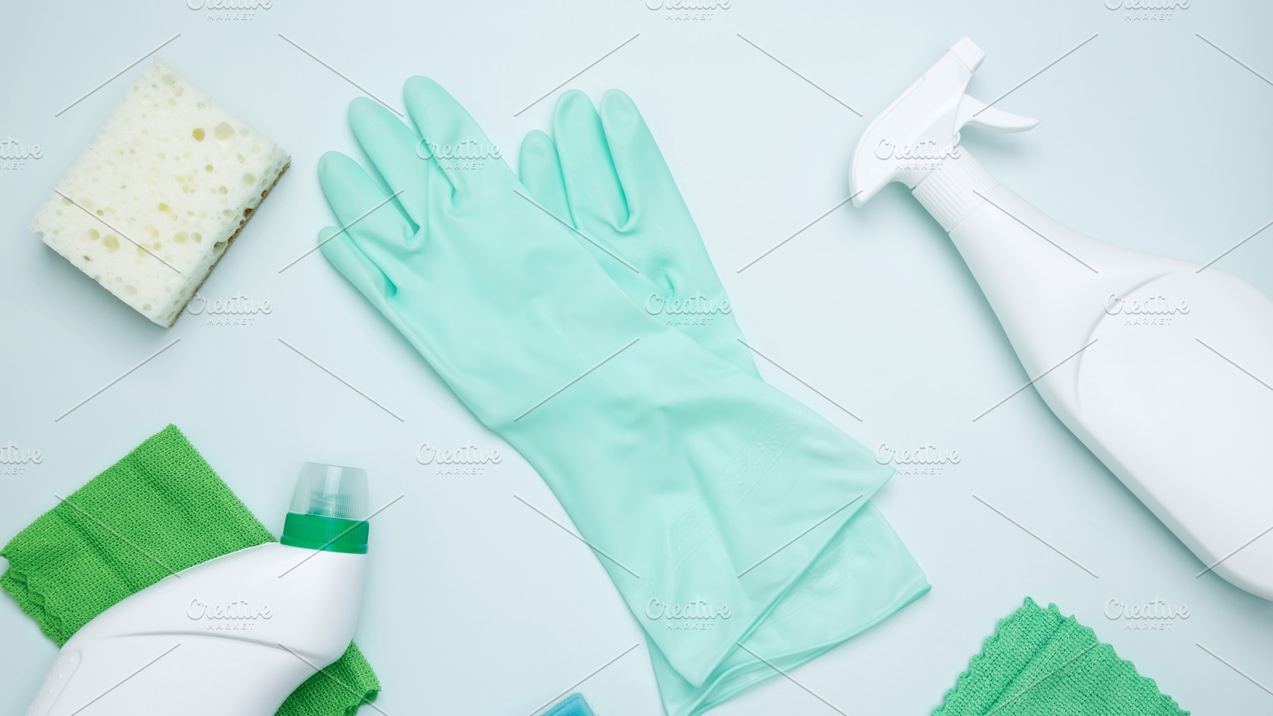 Concept of cleanliness and hygiene. Cleaning supplies and tools, including bott, a Photo by matucha