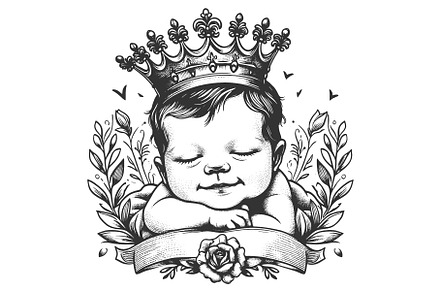 Baby in Crown engraving sketch, a Person Illustration by AlexArt