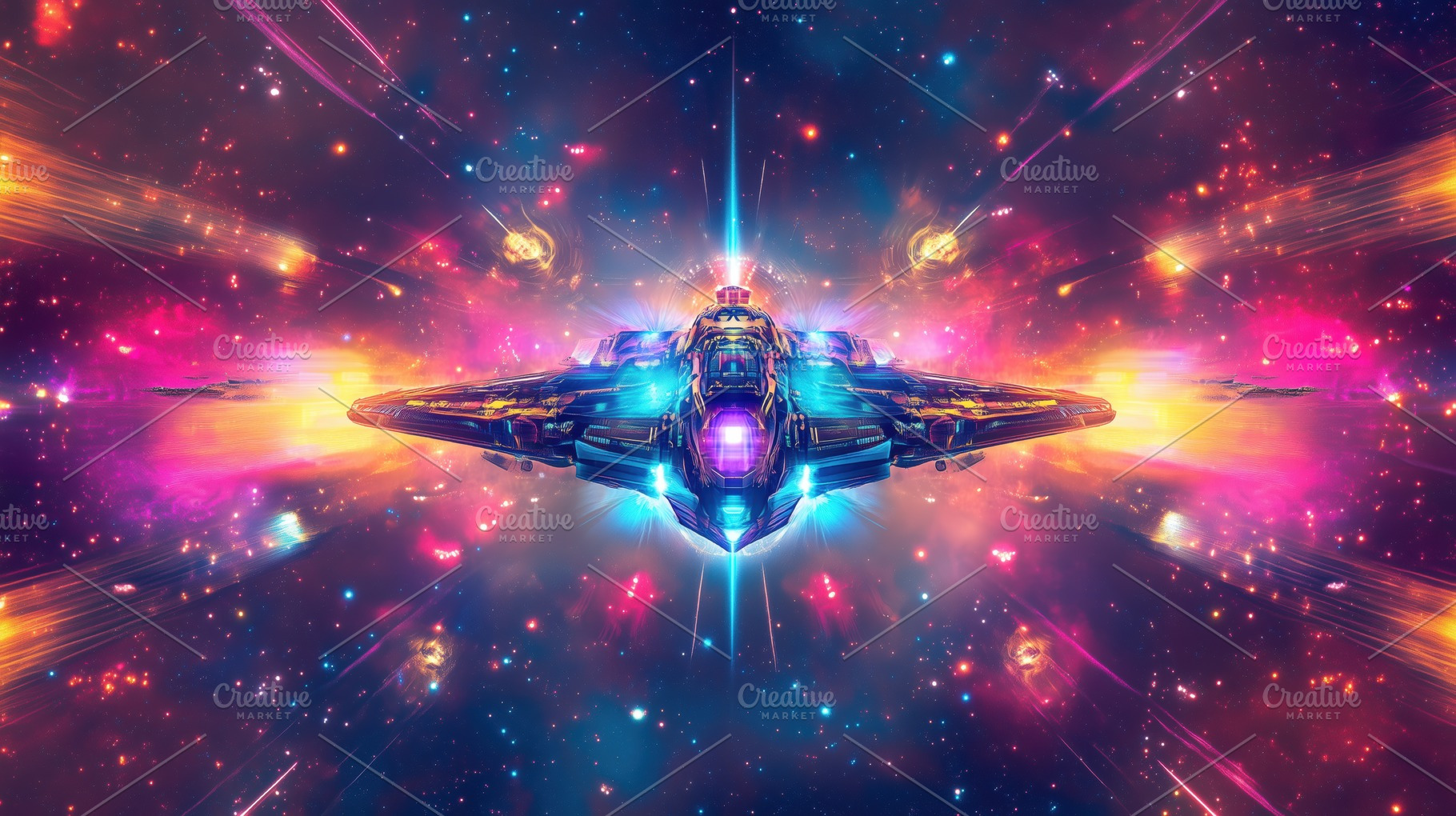 A vibrant, futuristic spaceship traveling through a colorful cosmic space fille, an Arts & Entertainment Photo by Textures & Backgrounds