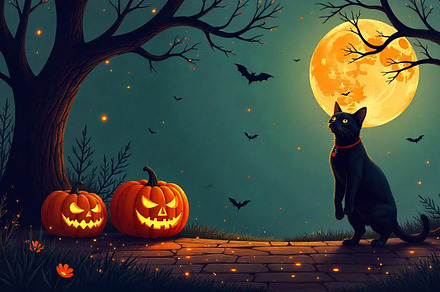 Halloween Cat & Pumpkins