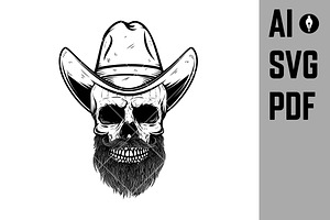 Illustration Of Skull In Cowboy Hat.