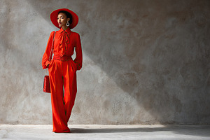 Stylish influencer woman showcases vibrant red outfit in minimalist setting, a Person Photo by OSORIOartist
