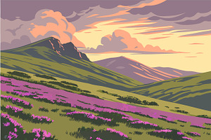 Rolling green hills purple heather, a Seasonal Illustration by SouravDesign