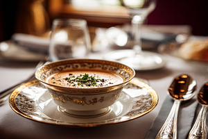 Creamy bisque or soup garnished with herbs, presented as a start, a Food & Drink Photo by Studio ANNA