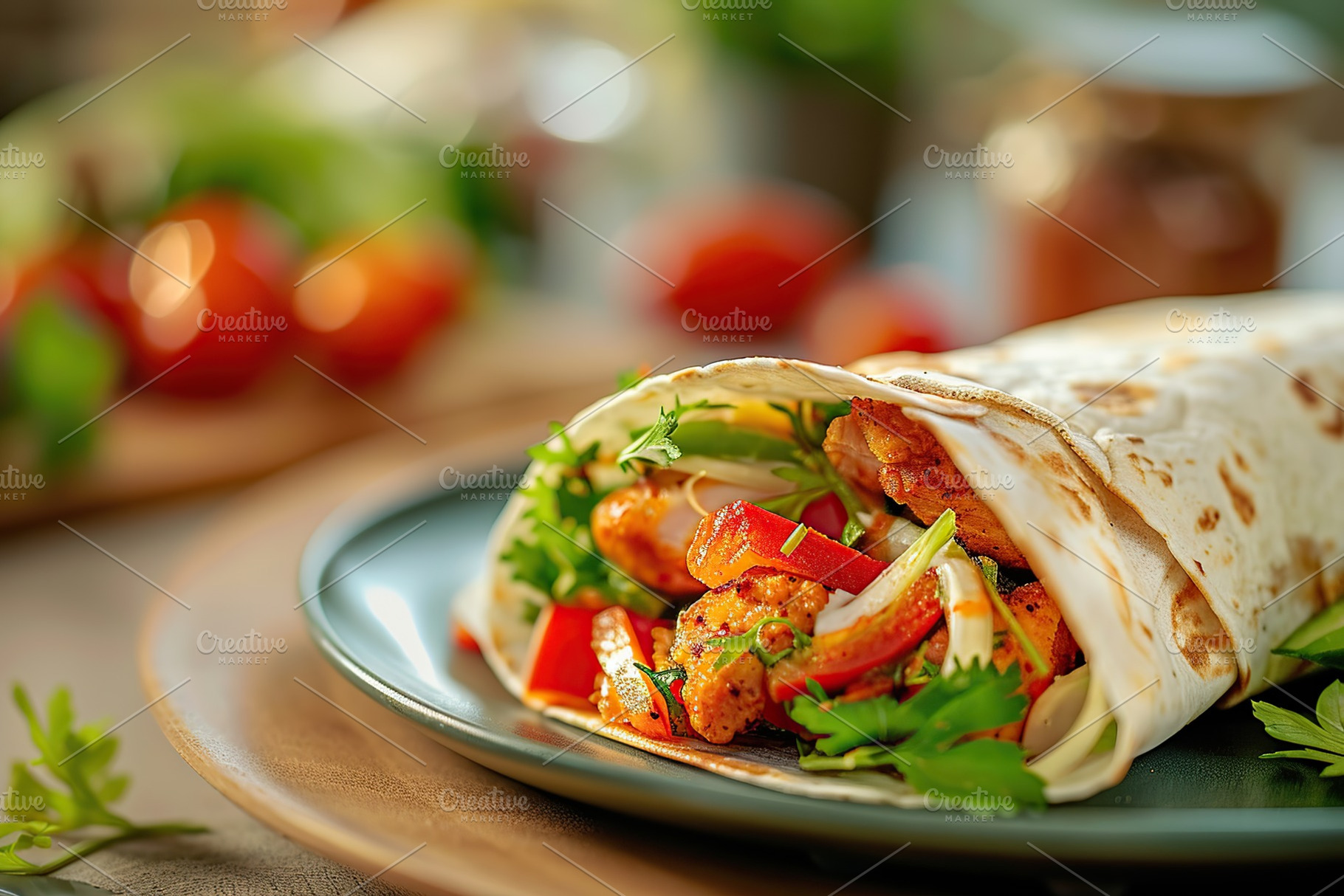 Tortilla wrap with chicken and fresh vegetables in plate on blurred background, a Food & Drink Photo by AlyaAnd