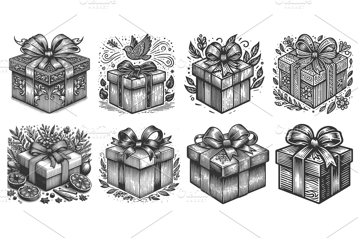 Gift Box engraving set vector, an Object Illustration by AlexArt