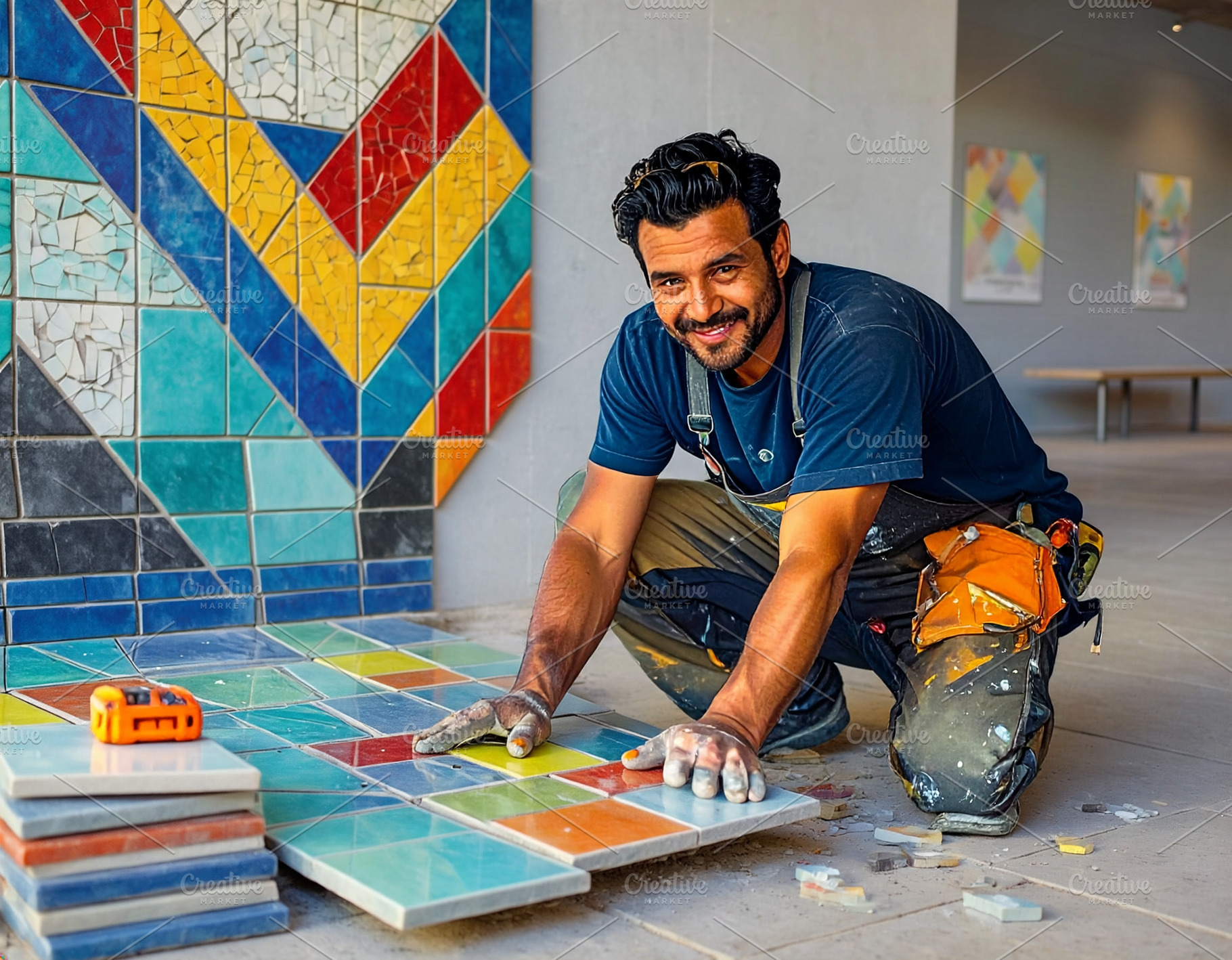 Tile mason designing colorful mosaic, a Person Photo by DanFLCreativo