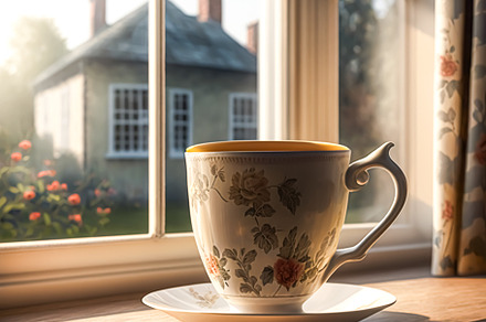 Sunny morning in the English countryside, cup of tea by the wind, a Food & Drink Photo by Anneleven