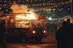 Street food truck at a vibrant city, a Photo by Pavel_design