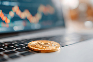 Gold bitcoin on laptop keyboard with cryptocurrency charts, a Business Photo by AlyaAnd