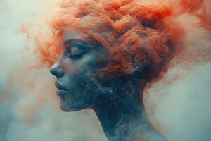 Woman with orange and blue hair in a smoky background, an Abstract Photo by AlyaAnd
