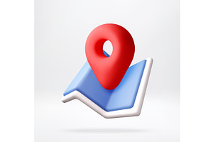 3d map with red pin location icon.