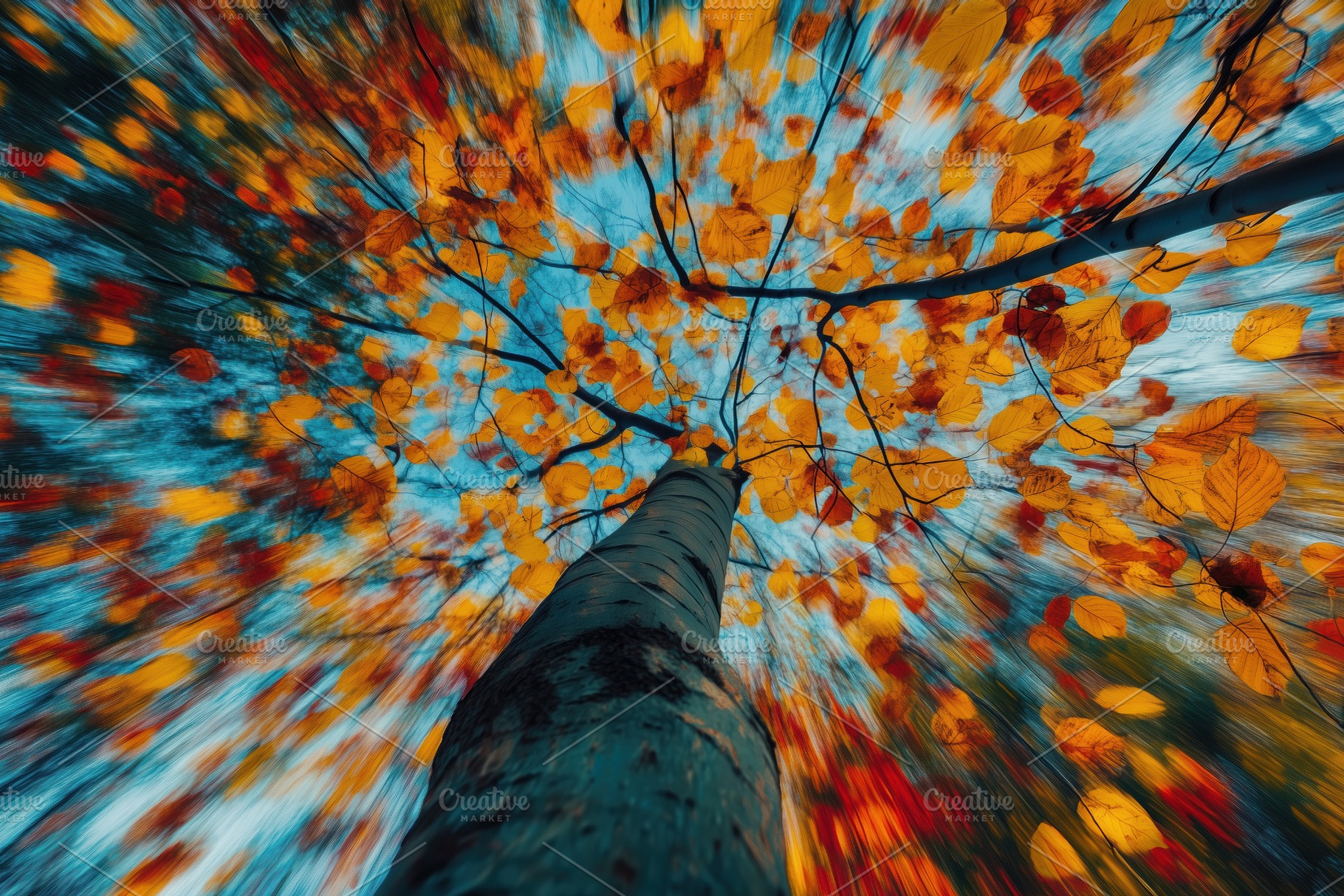 A dynamic view of a tree with vibrant autumn leaves, captured from below. The i, a Photo by Textures & Backgrounds