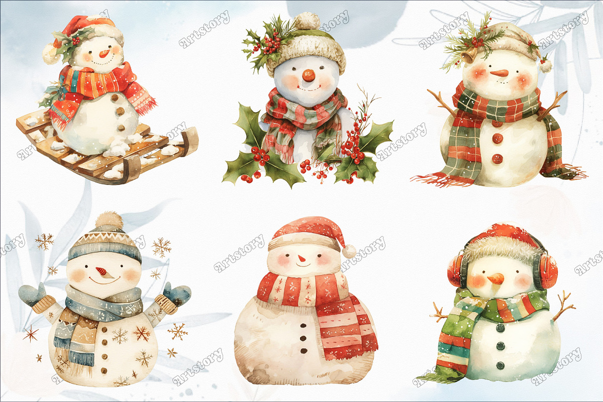 Watercolor Christmas Snowman Clipart, an Illustration by designcity5 (Photo 2 of 5)