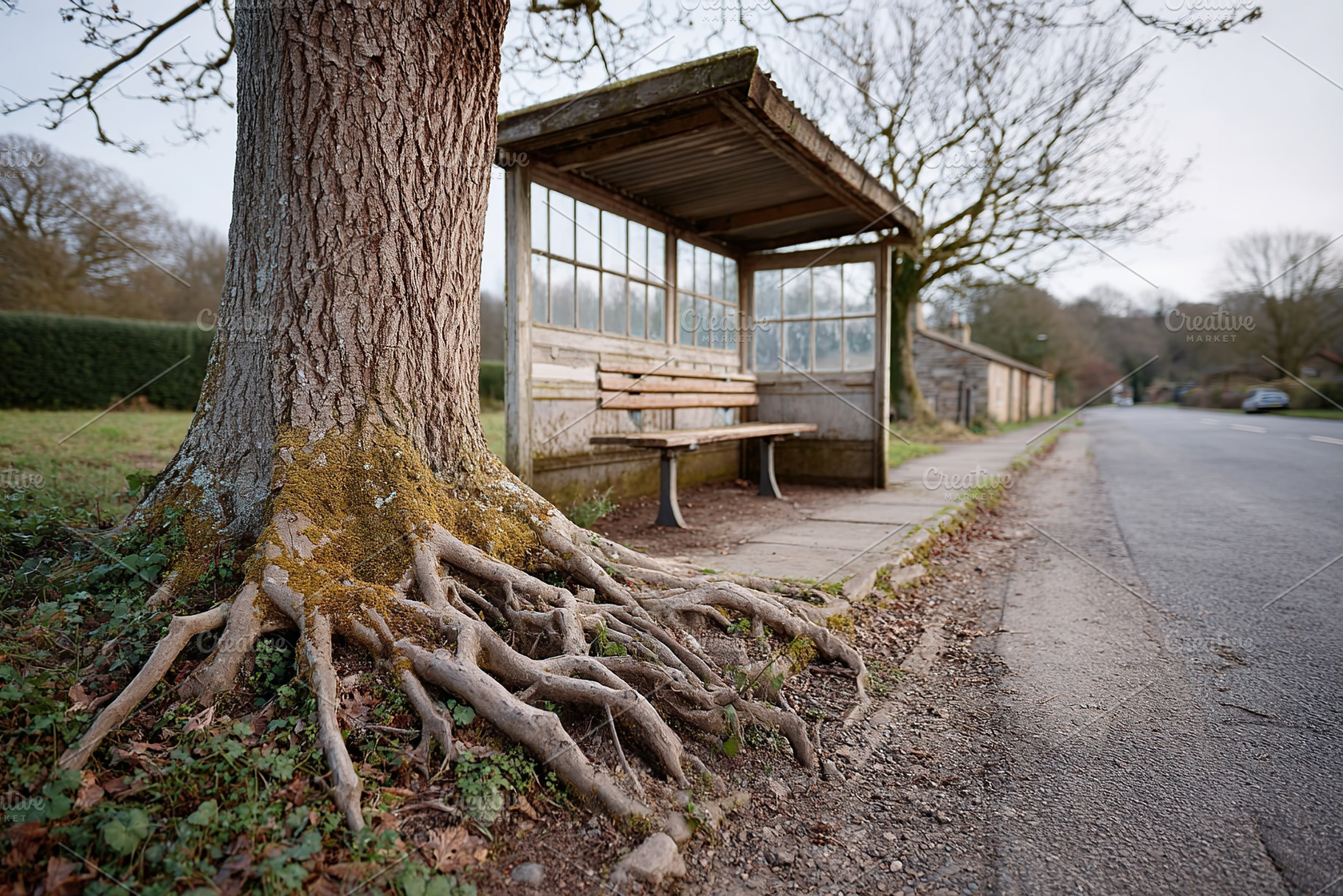 Bus stop enveloped by tree roots in serene countryside setting, a Photo by AlyaAnd